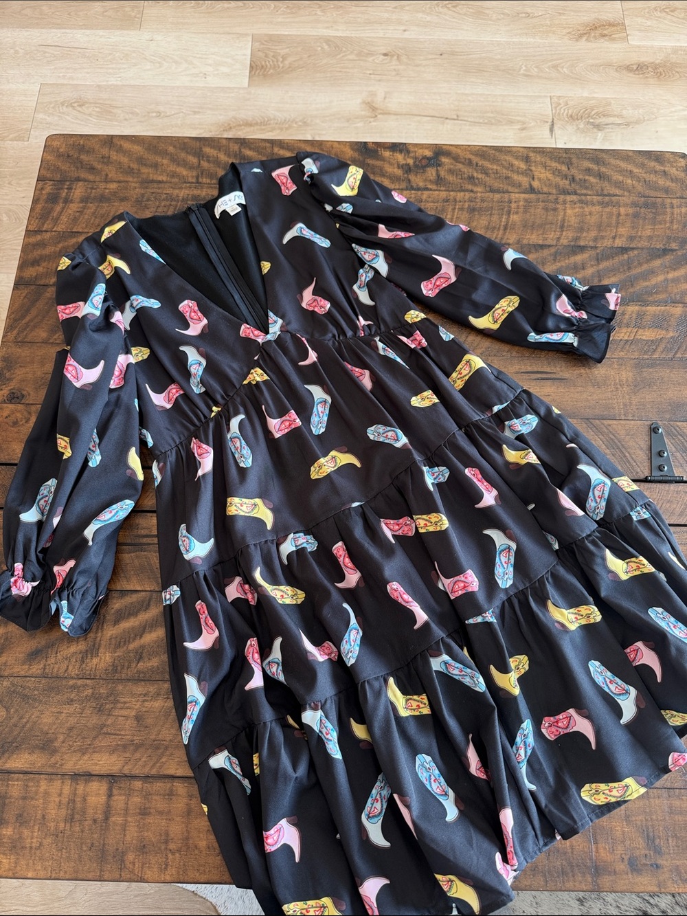 She + Sky Black Midi Dress with Pink Blue and Yellow Boot Print